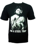 The Hangover Alan steel trap graphic on a black adult t-shirt.