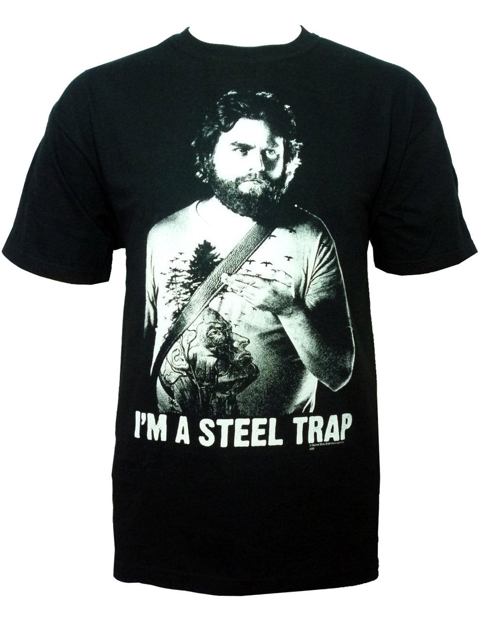 The Hangover Alan steel trap graphic on a black adult t-shirt.