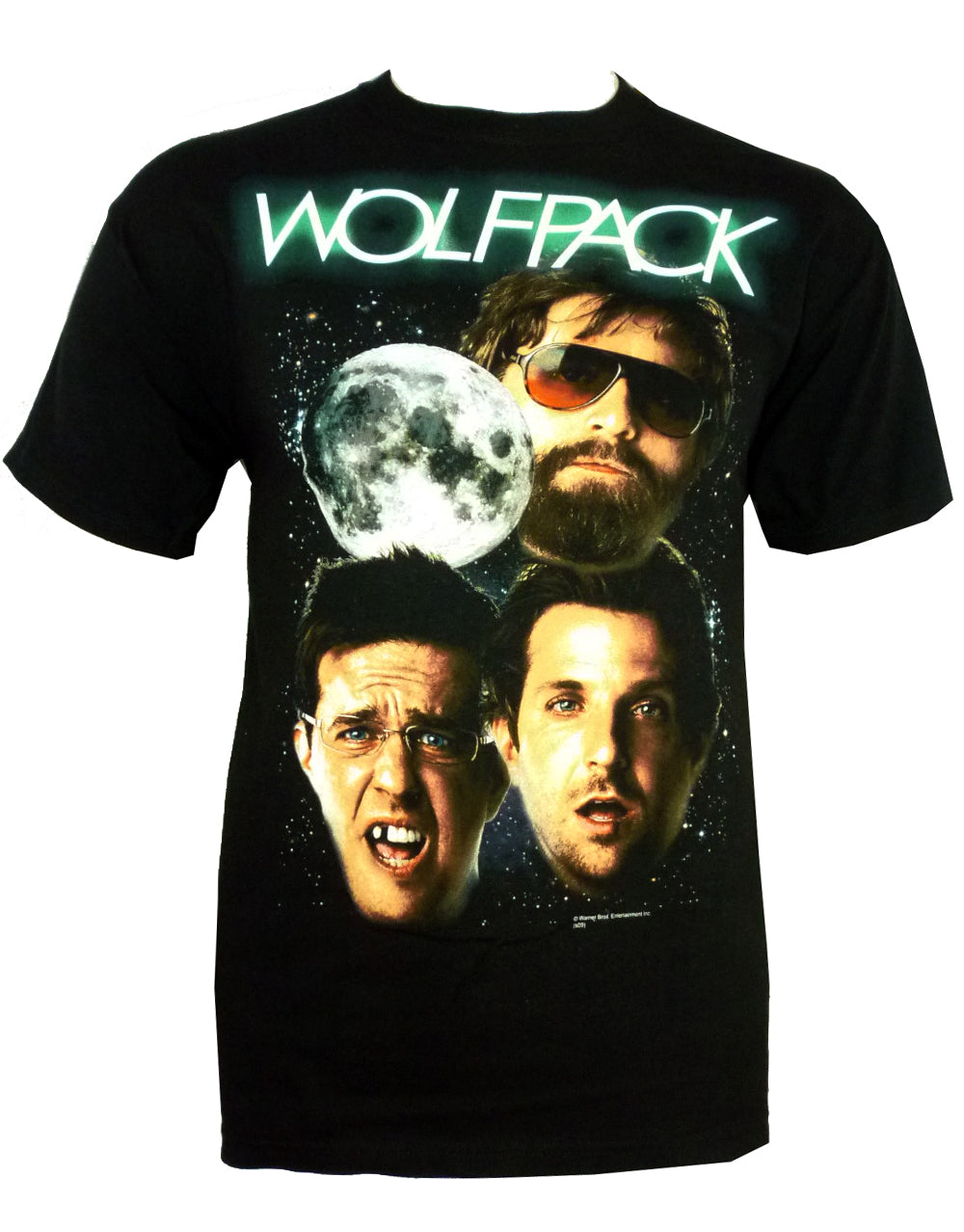 The Hangover wolfpack moon graphic on a black adult t-shirt.