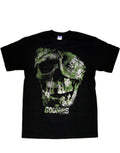 The Goonies one eyed Willy camo skull graphic on a black adult t-shirt.