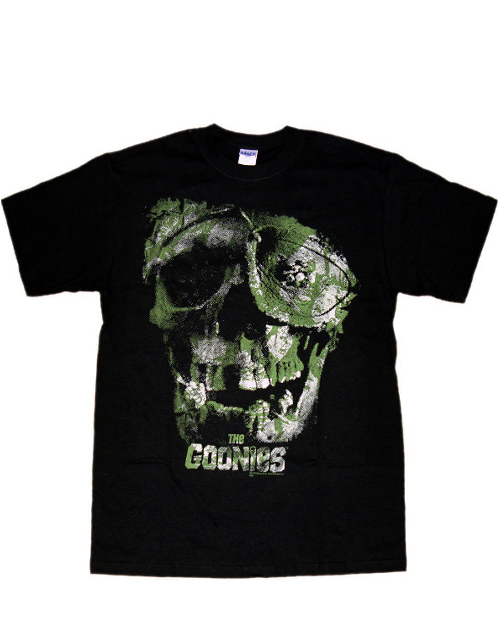 The Goonies one eyed Willy camo skull graphic on a black adult t-shirt.