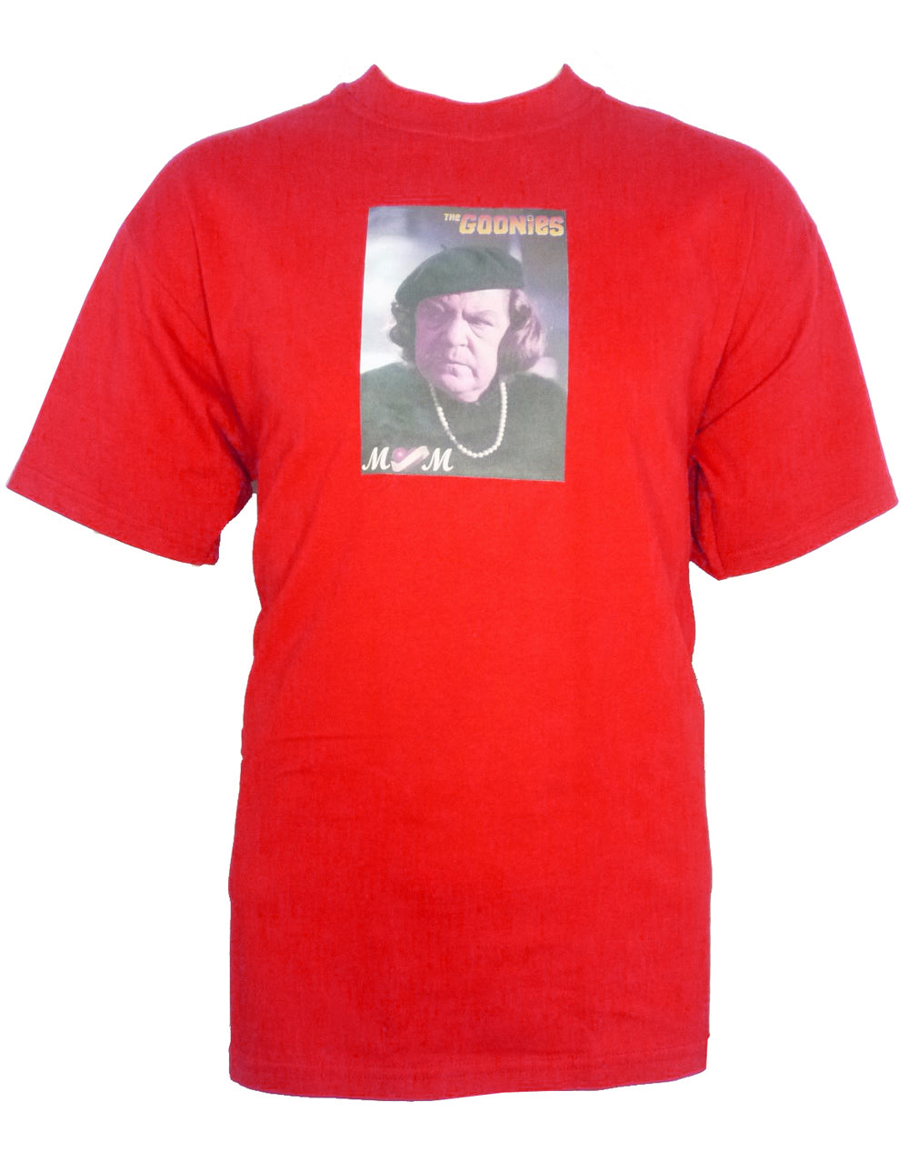 The Goonies Mama Fratelli graphic on a red adult t-shirt.