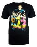 The Goonies gang graphic on a black adult t-shirt.