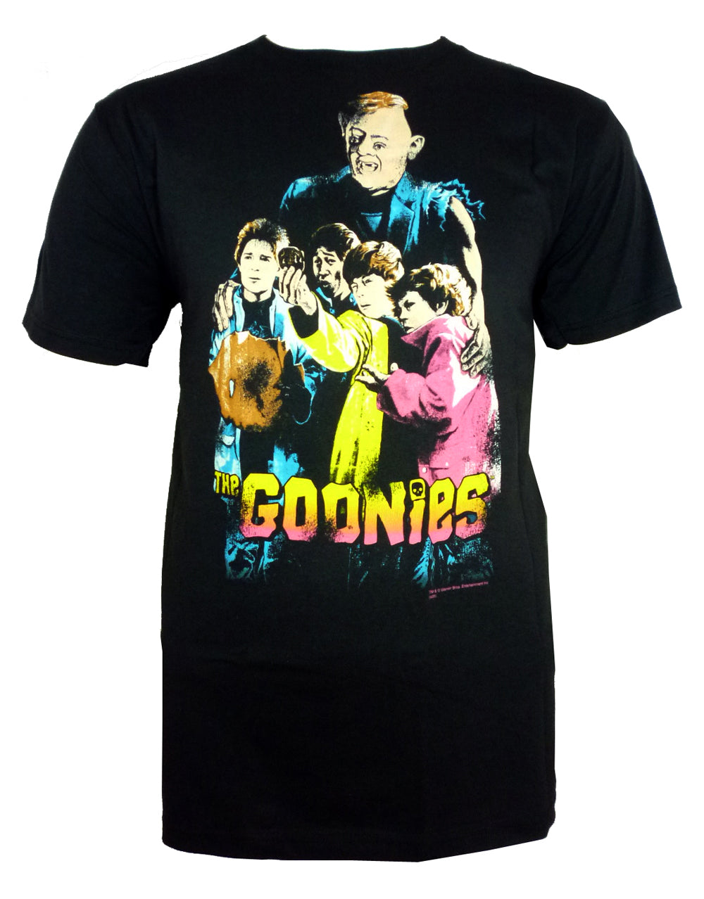 The Goonies gang graphic on a black adult t-shirt.