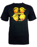 The Goonies faces graphic on a black adult t-shirt.