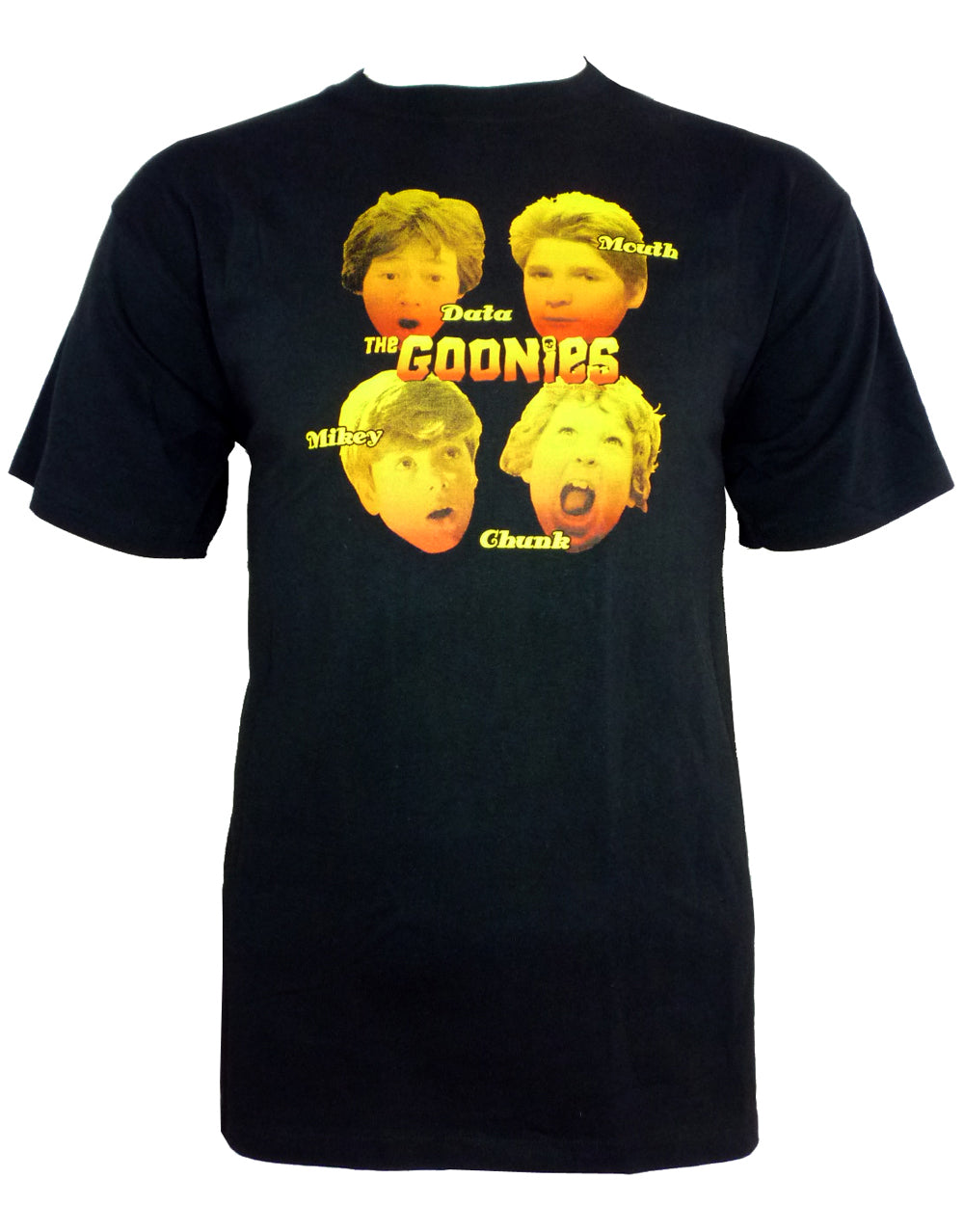 The Goonies faces graphic on a black adult t-shirt.