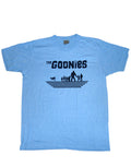 The Goonies group outlines graphic on a blue adult t-shirt.