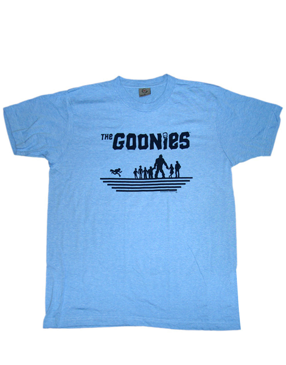 The Goonies group outlines graphic on a blue adult t-shirt.