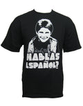 The Goonies mouth hablas espanol graphic on a black adult t-shirt.