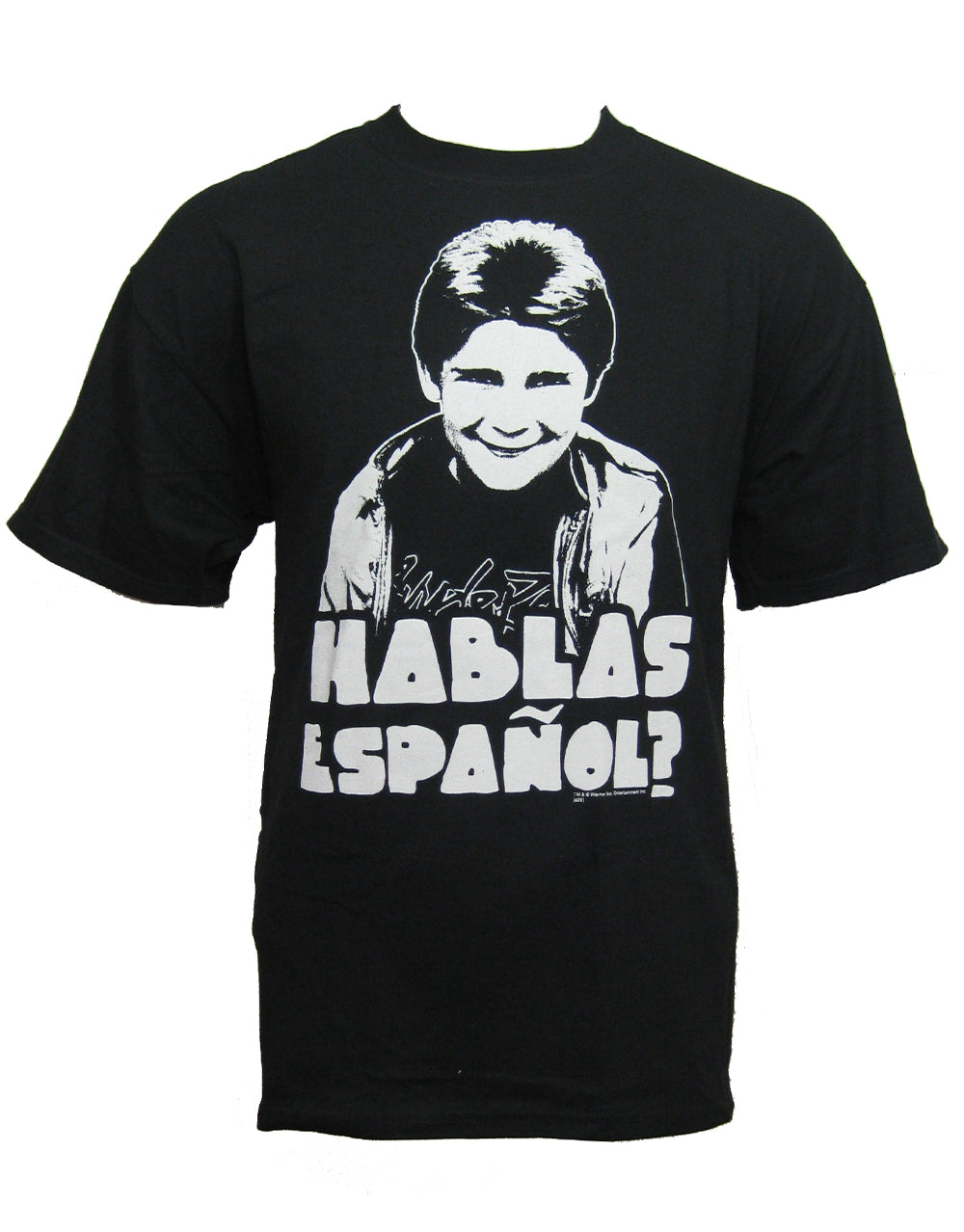 The Goonies mouth hablas espanol graphic on a black adult t-shirt.