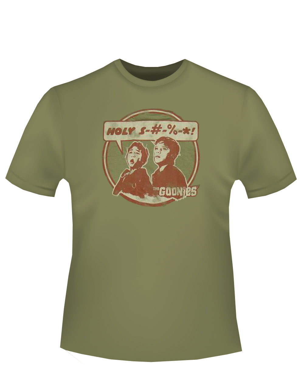 The Goonies Data holy graphic on a green adult t-shirt.