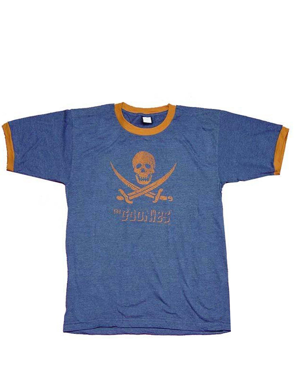 The Goonies skull and swords graphic on a navy blue adult t-shirt.