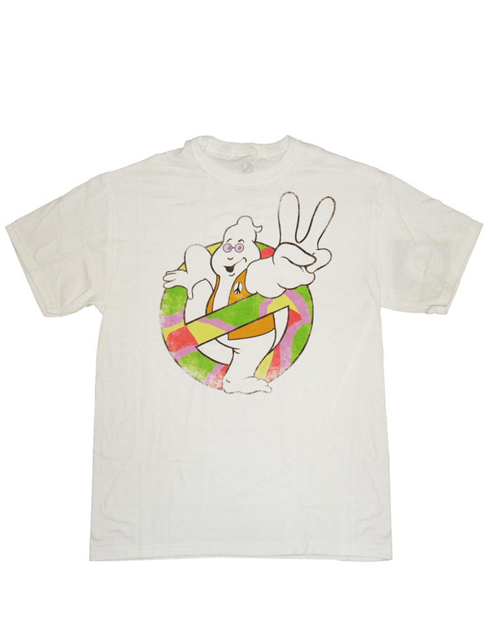 Ghostbusters 2 peace graphic on a white adult t-shirt.
