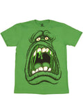 Ghostbusters Slimer scream graphic on a green adult t-shirt.