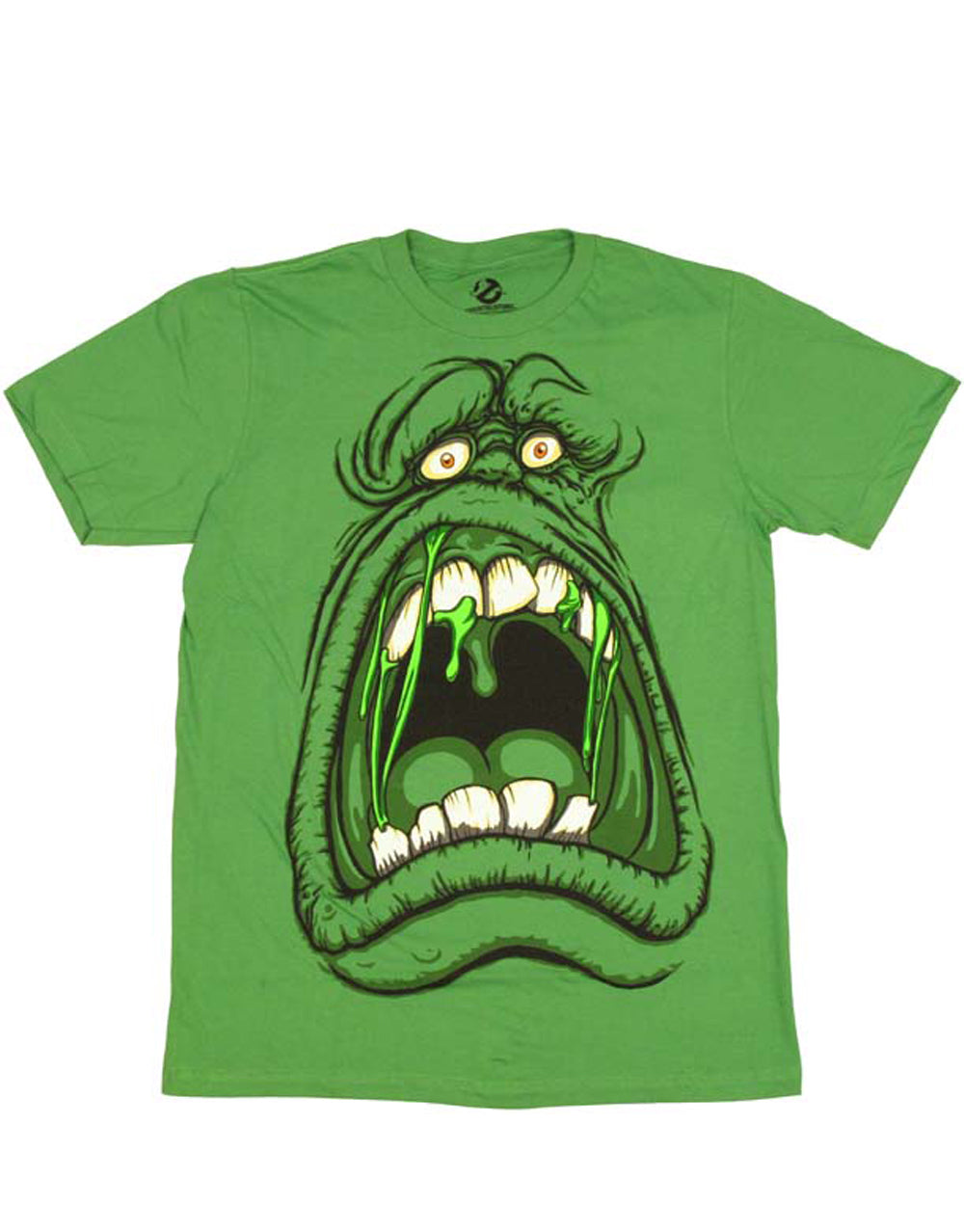 Ghostbusters Slimer scream graphic on a green adult t-shirt.