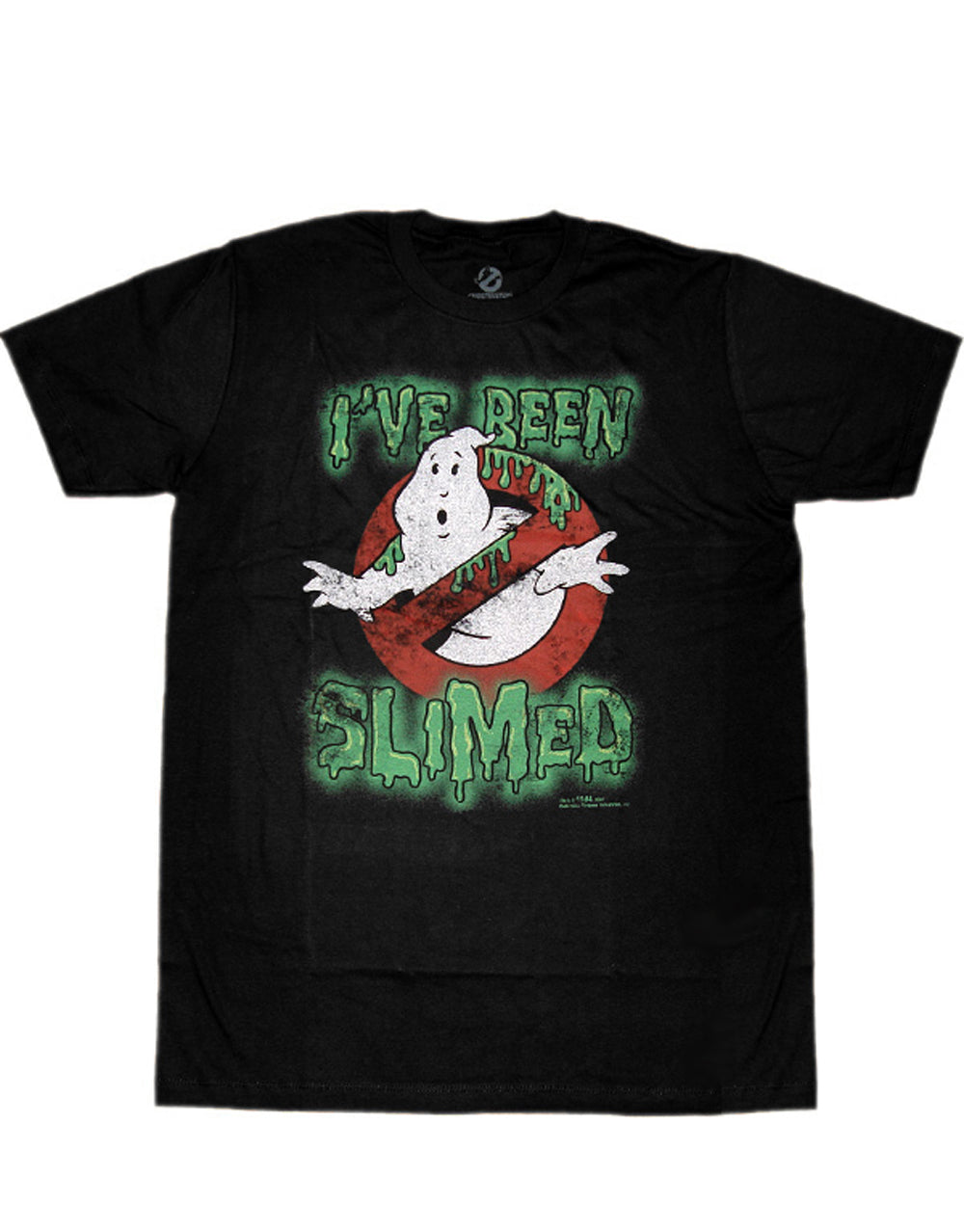 Ghostbusters logo slimed graphic on a black adult t-shirt.