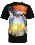 Ghostbusters Stay Puft marshmallow man graphic on a black adult t-shirt.