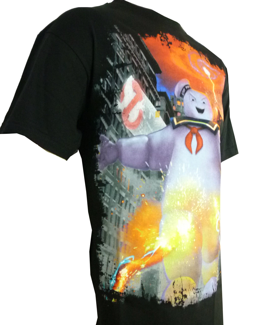 Ghostbusters Stay Puft marshmallow man graphic on a black adult t-shirt.