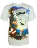 Ghostbusters Stay Puft glow graphic on a white adult t-shirt.