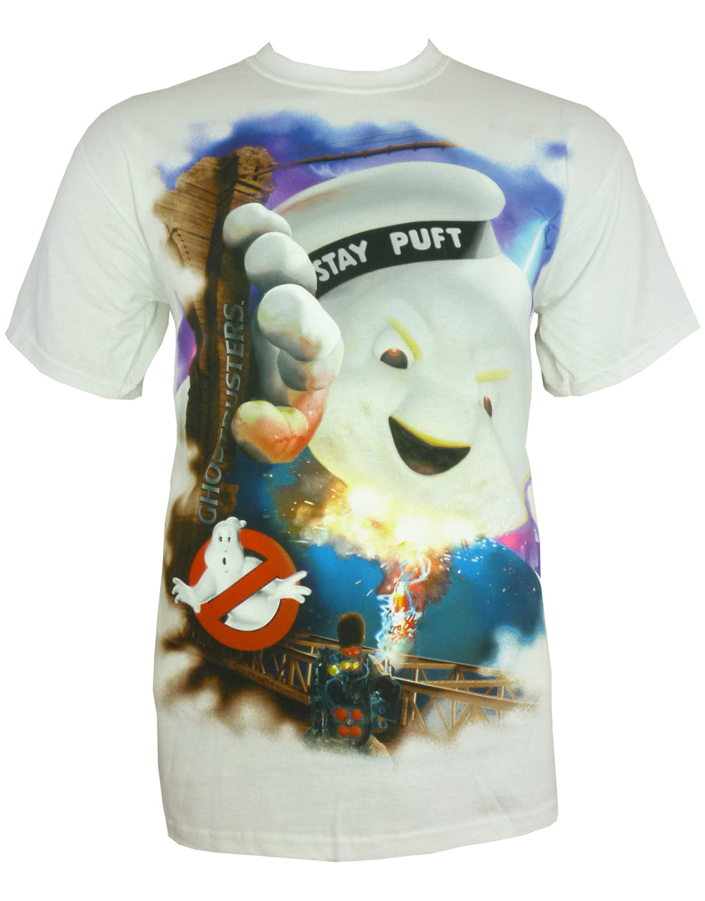 Ghostbusters Stay Puft glow graphic on a white adult t-shirt.