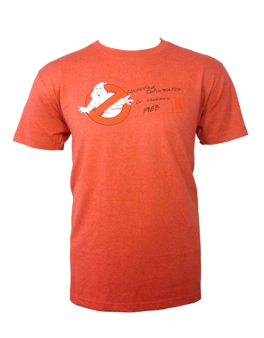 Ghostbusters classified graphic on a red adult t-shirt.