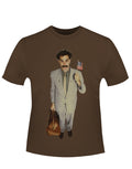 Borat welcome graphic on a dark brown adult t-shirt.