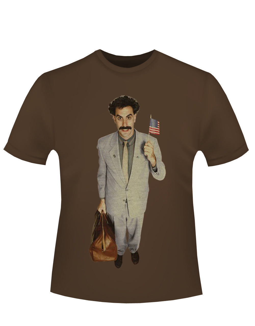Borat welcome graphic on a dark brown adult t-shirt.