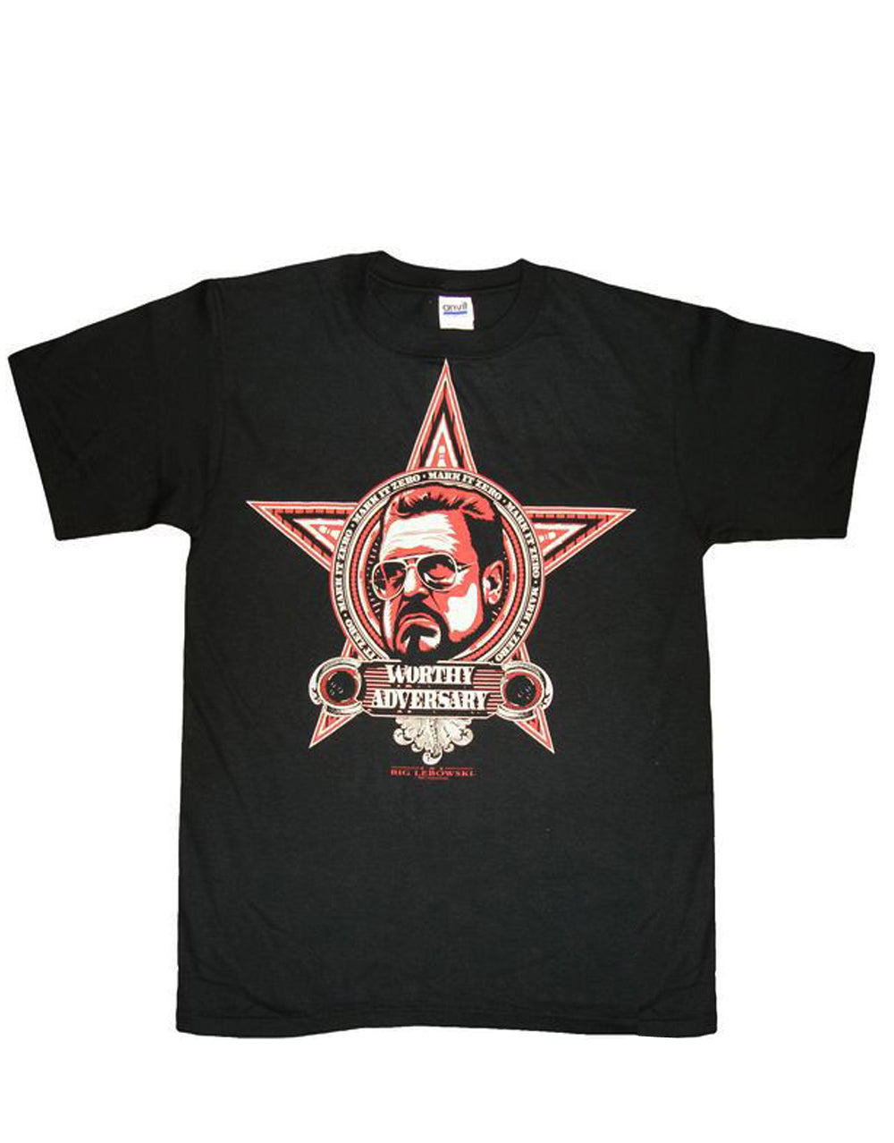 The Big Lebowski adversary graphic on a black adult t-shirt.