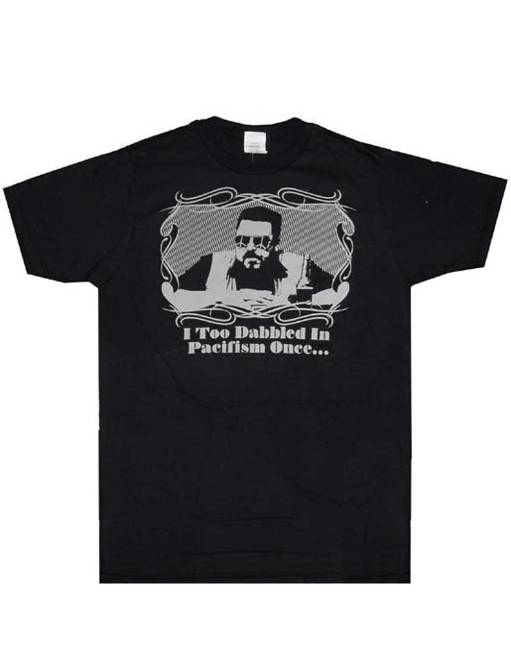 The Big Lebowski pacifism graphic on a black adult t-shirt.