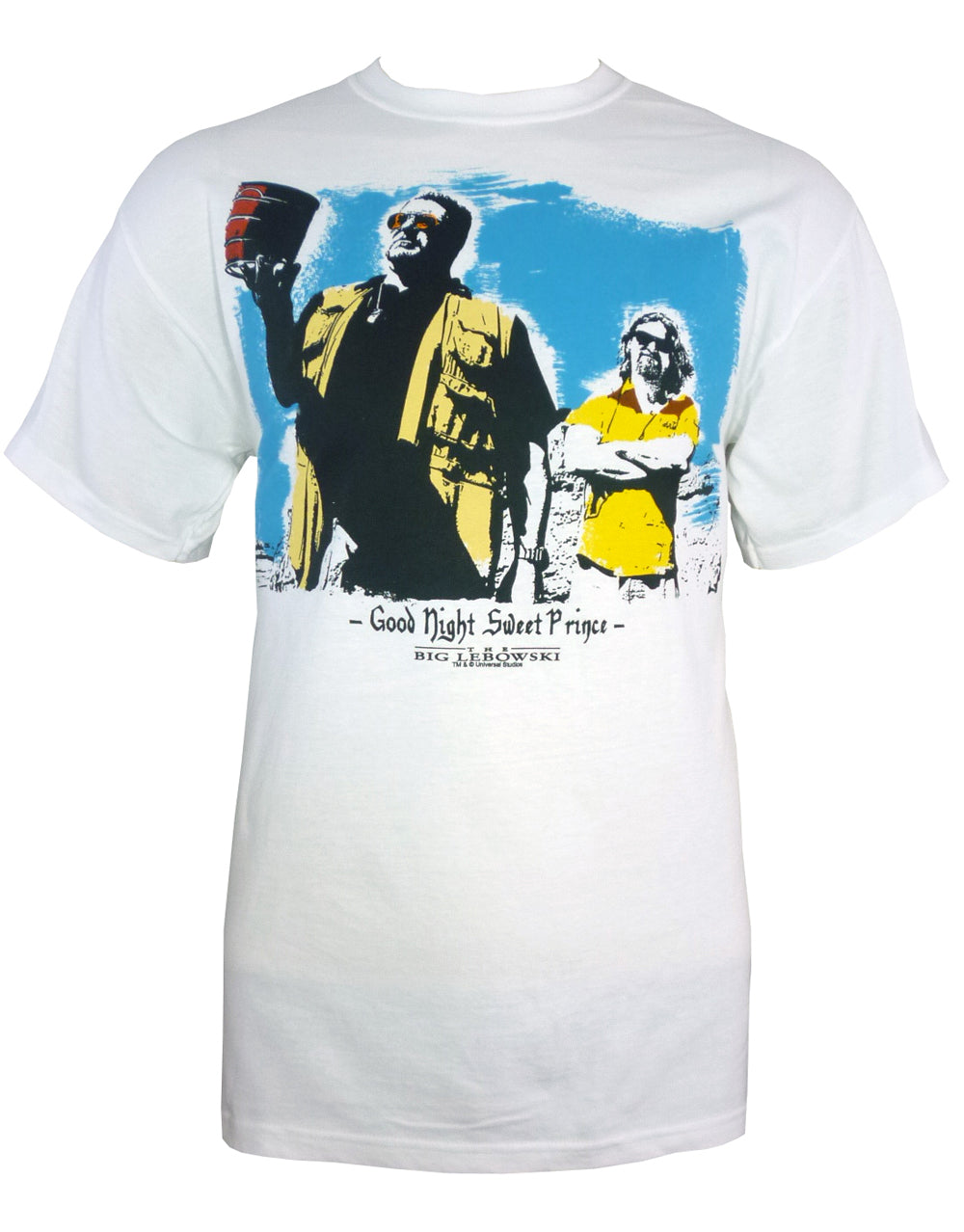 The Big Lebowski sweet prince graphic on a white adult t-shirt.