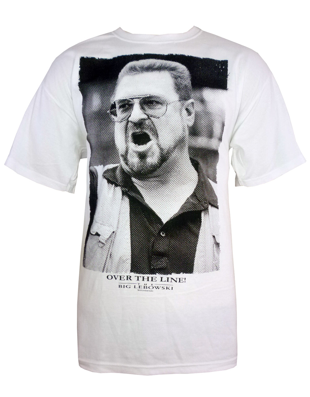 The Big Lebowski over the line graphic on a white adult t-shirt.