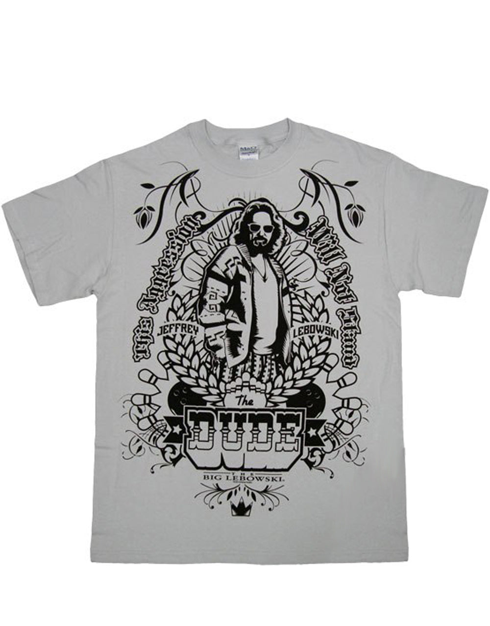 The Big Lebowski the Dude aggression graphic on a grey adult t-shirt.