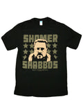 The Big Lebowski Shomer Shabbos graphic on a black adult t-shirt.