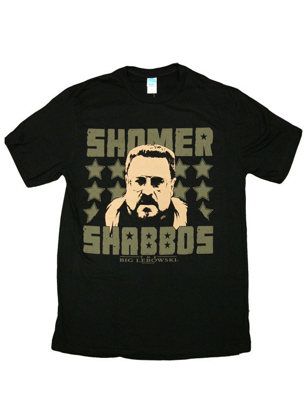 The Big Lebowski Shomer Shabbos graphic on a black adult t-shirt.