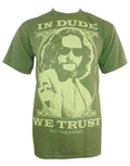 The Big Lebowski in Dude we trust graphic on an olive green adult t-shirt.