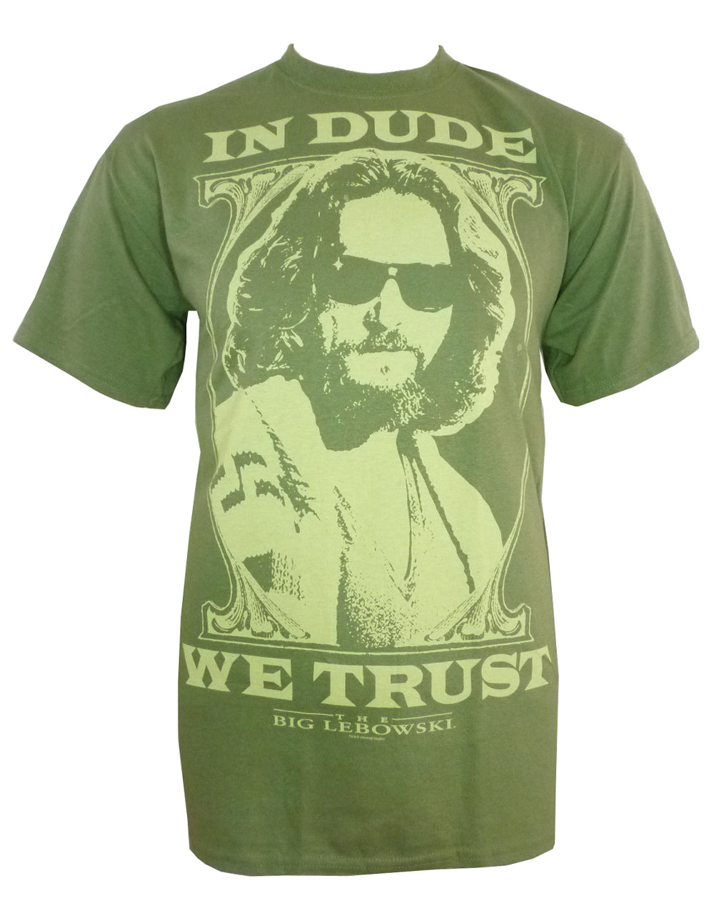 The Big Lebowski in Dude we trust graphic on an olive green adult t-shirt.