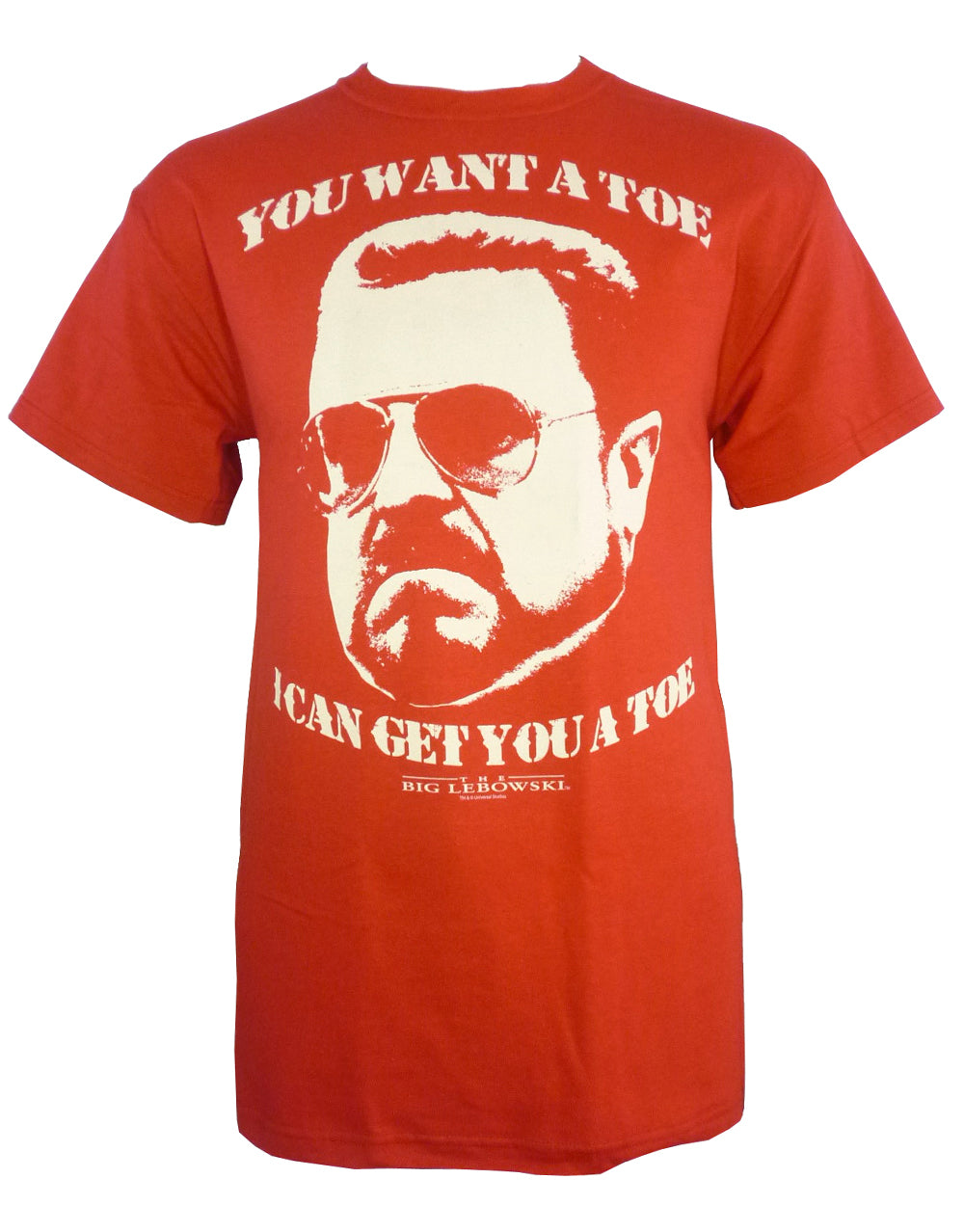 The Big Lebowski Walter Sobchak toe graphic on a red adult t-shirt.