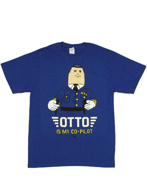 Airplane Otto graphic on a blue adult t-shirt.