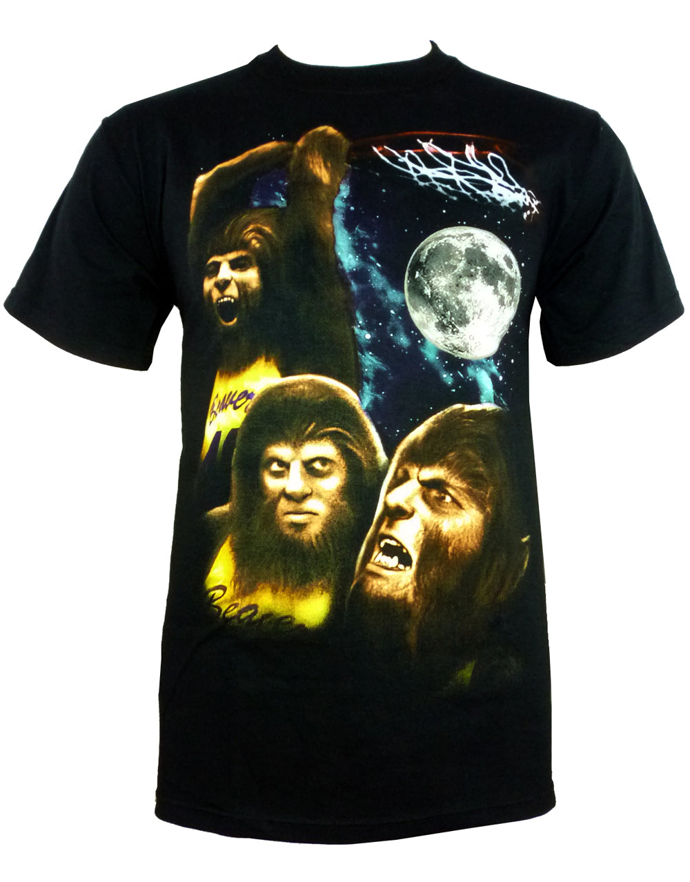 Teen Wolf moon dunk graphic on a black adult t-shirt.