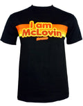Superbad McLovin graphic on a black adult t-shirt.