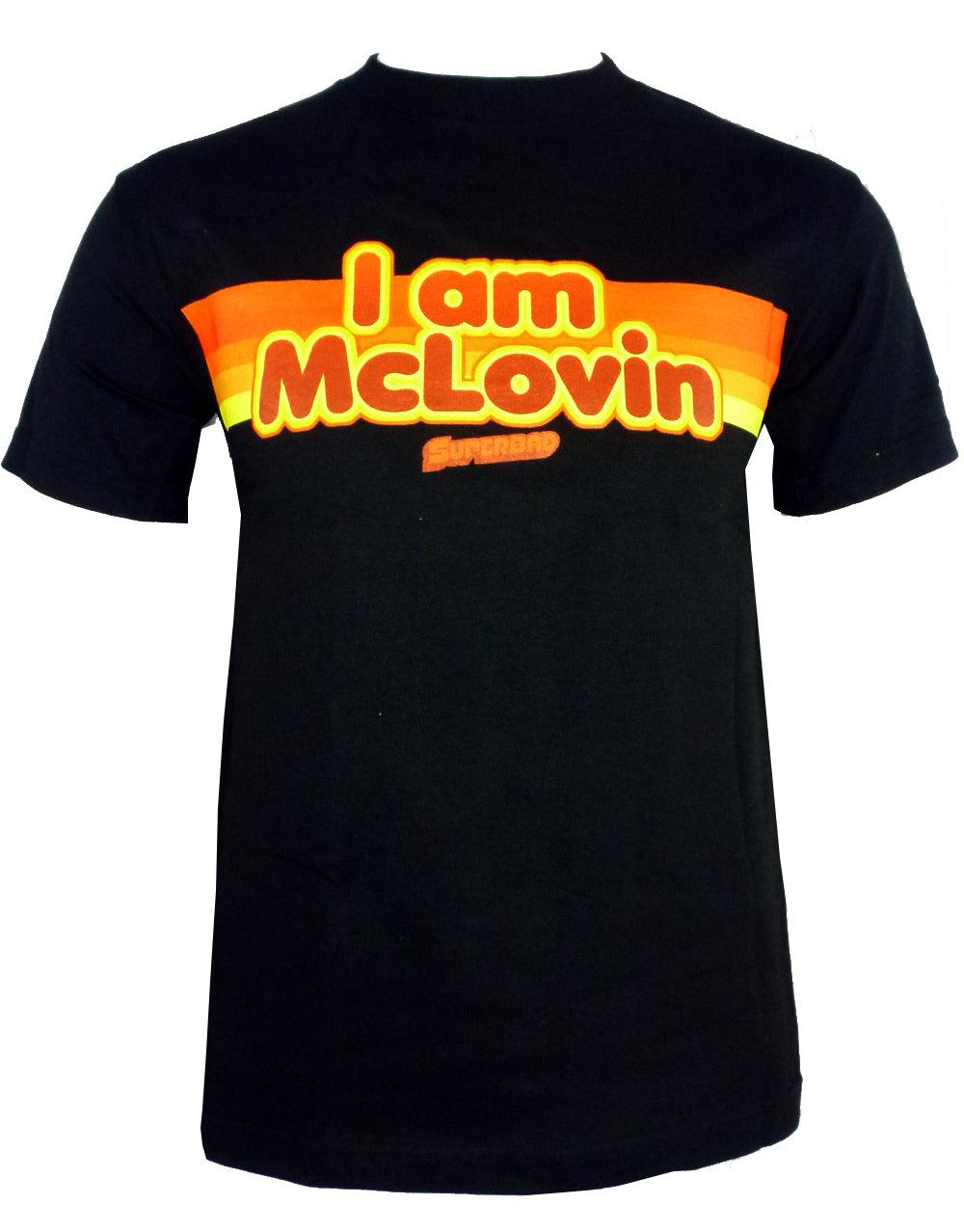 Superbad McLovin graphic on a black adult t-shirt.