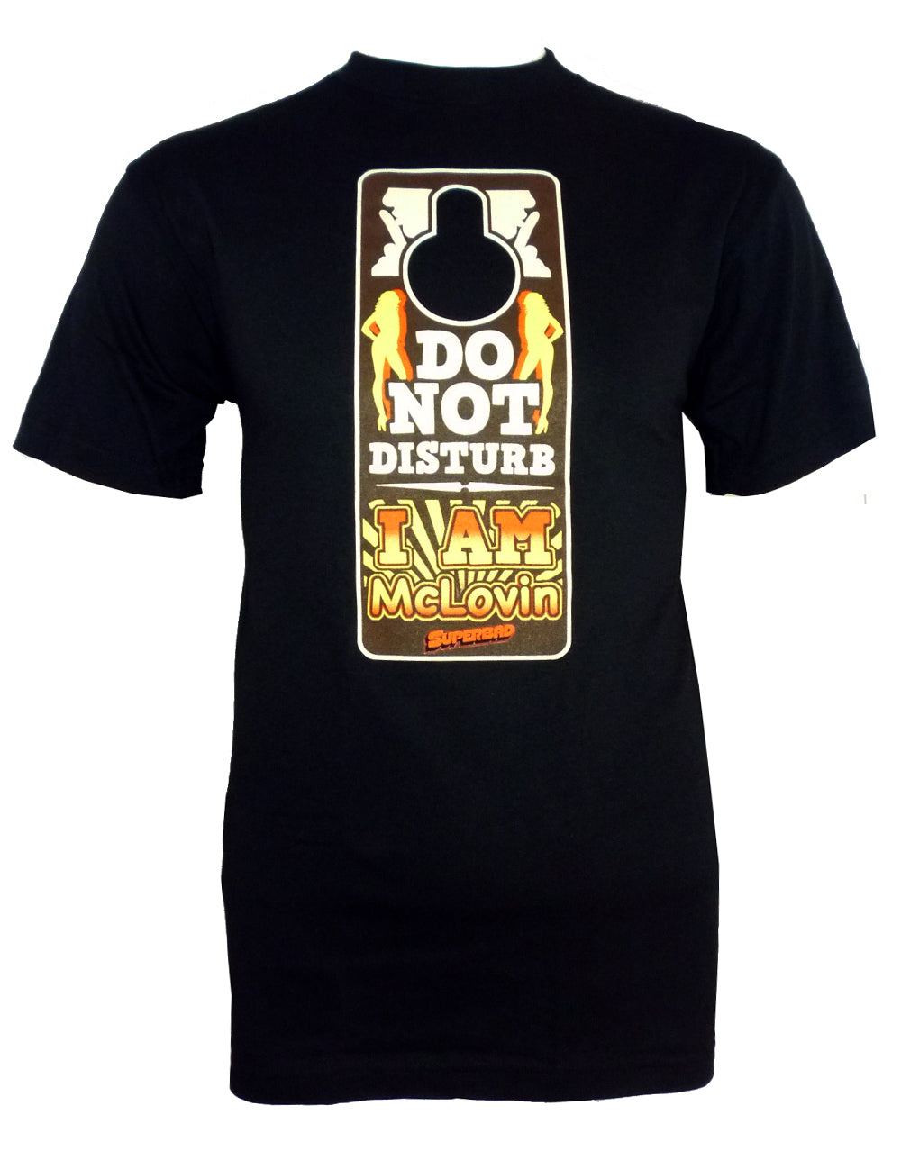 Superbad do not disturb I'm McLovin graphic on a black adult t-shirt.