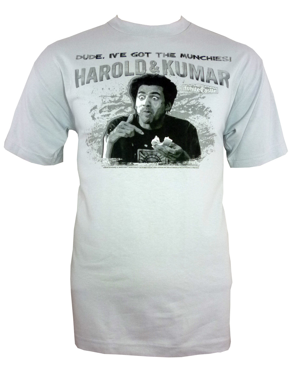 Harold and Kumar munchies graphic on a grey adult t-shirt.