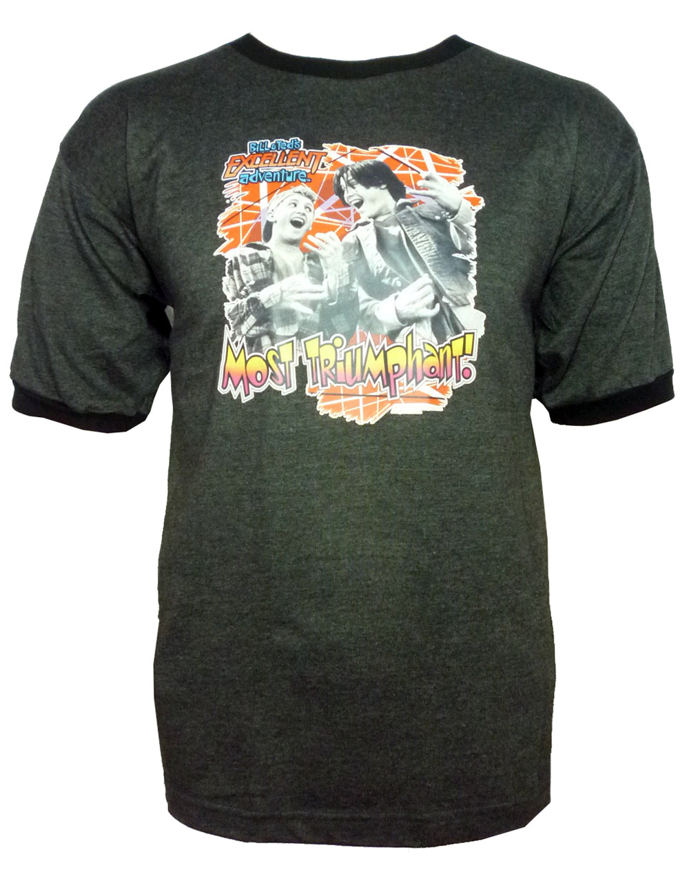 Bill and Ted most triumphant graphic on a dark grey adult t-shirt.