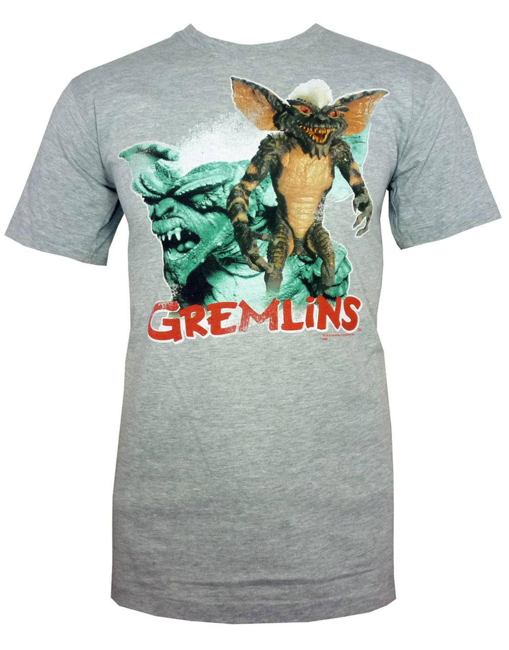 Gremlins stripe poses graphic on a grey adult t-shirt.