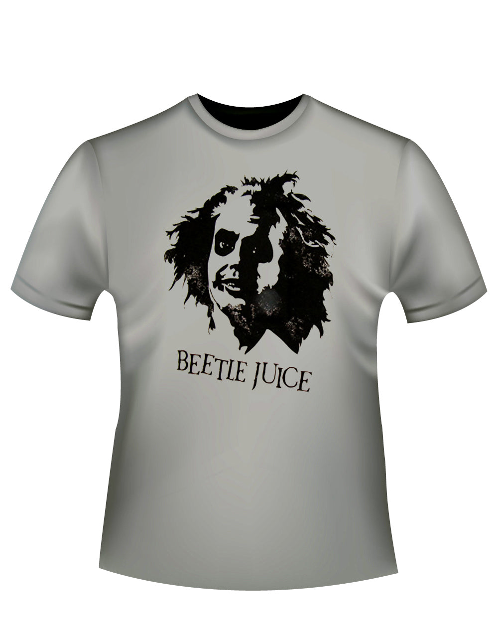 Beetlejuice face graphic on a grey adult t-shirt.
