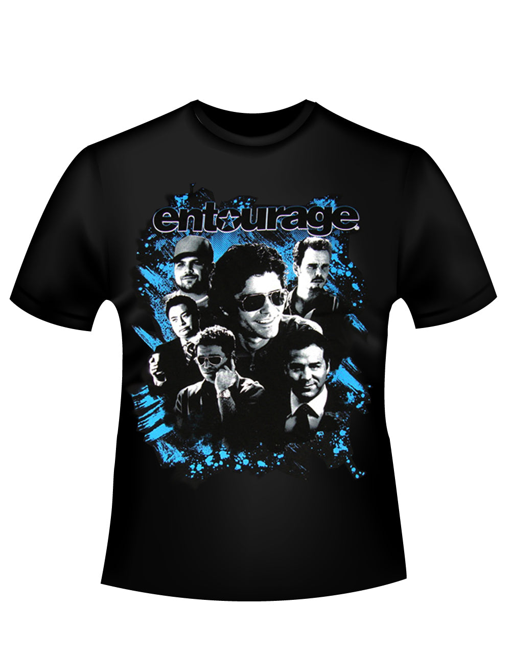 Entourage collage graphic on a black adult t-shirt.