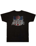 Greatest American Hero shield graphic on a black adult t-shirt.