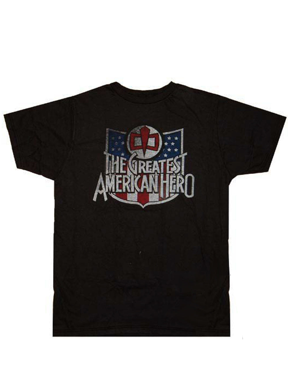 Greatest American Hero shield graphic on a black adult t-shirt.