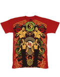 Bruce Lee duplicity dragon graphic on a red adult t-shirt.